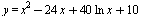 y = `+`(`*`(`^`(x, 2)), `-`(`*`(24, `*`(x))), `*`(40, `*`(ln, `*`(x))), 10)