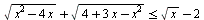 `<=`(`+`(sqrt(`+`(`*`(`^`(x, 2)), `-`(`*`(4, `*`(x))))), sqrt(`+`(4, `*`(3, `*`(x)), `-`(`*`(`^`(x, 2)))))), `+`(sqrt(x), `-`(2)))