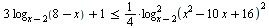 `<=`(`+`(`*`(3, `*`(log[`+`(x, `-`(2))](`+`(8, `-`(x))))), 1), `+`(`*`(`/`(1, 4), `*`(`^`(log[`+`(x, `-`(2))](`+`(`*`(`^`(x, 2)), `-`(`*`(10, `*`(x))), 16)), 4)))))